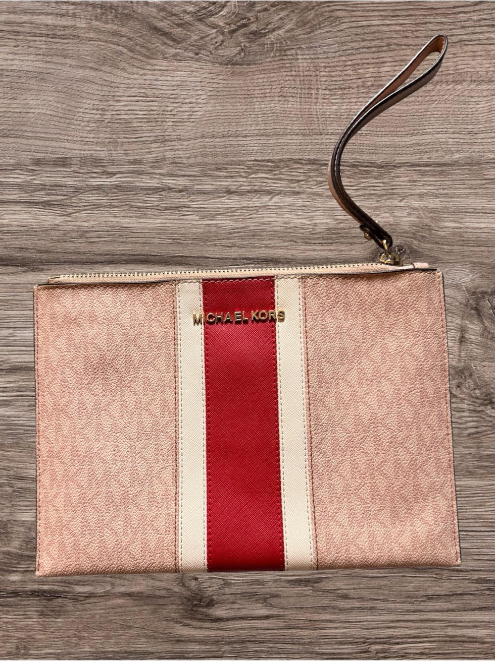 Michael Kors Pink Wristlet Clutch with Red and Cream Stripe